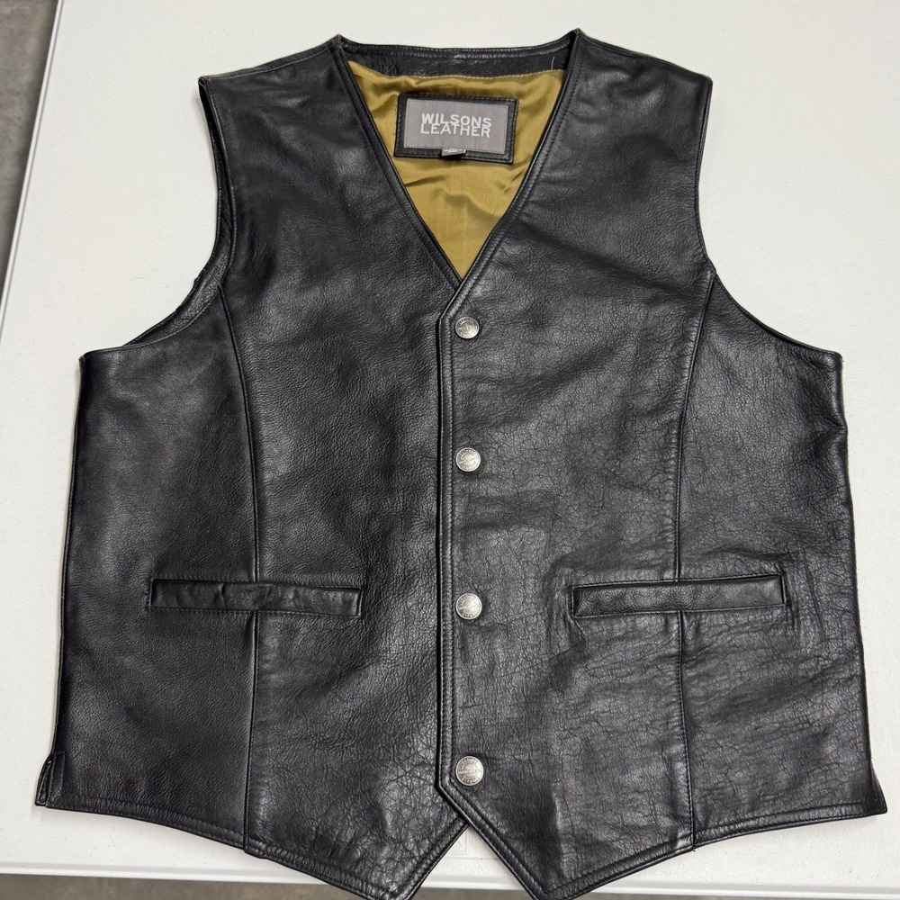 Wilsons Leather Vest Mens L Black Excellent Biker Western Snap Front V-Neck